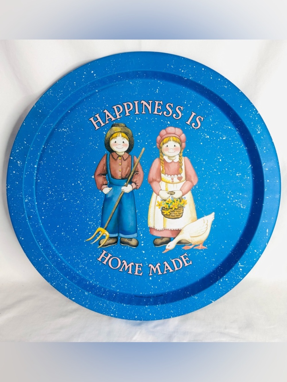 *Vintage Blue Metal Tray “Happiness Is Homemade” Folk Art Farmhouse 13”